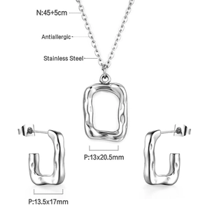 Polished silver stainless steel square jewelry set with necklace and stud earrings