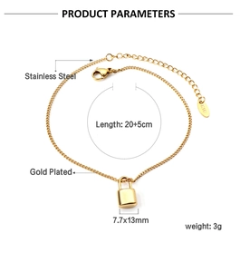 Detailed specs of gold plated stainless steel padlock charm bracelet with 20+5cm chain