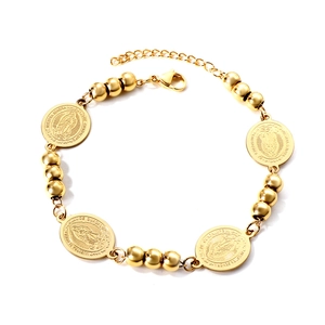 Gepolijste gouden roestvrijstalen kralenarmband met Onze-Lieve-Vrouwe bedels