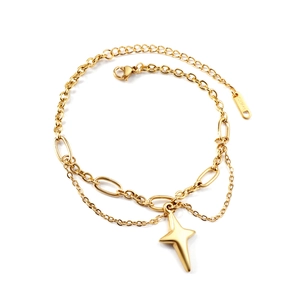 Golden double-layer stainless steel bracelet with lucky star pendant and lobster clasp