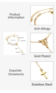 Detalles del collar de rosario en acero inoxidable dorado con cruz y medalla ovalada