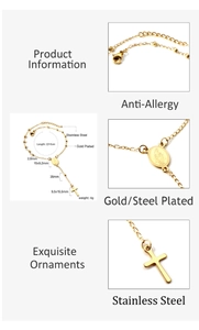 Detalle de cuentas de acero inoxidable bañadas en oro 18K con cruz y colgante de la Virgen
