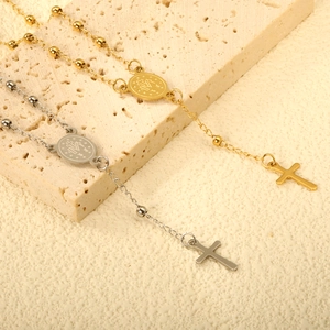 Pulsera de Rosario de Acero Inoxidable 316L para Mujer Chapado en Oro de 18K con Cruz y Medalla Religiosa Joyería de Cadena de Cuentas