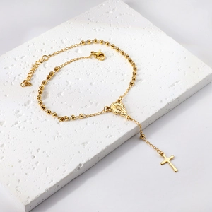 Pulsera de cuentas de acero dorado con medalla de la Virgen María y colgante de cruz