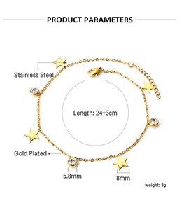 Technische Zeichnung der vergoldeten Edelstahl-Fußkette mit Sternen und weißen Steinen