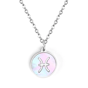 Pisces zodiac necklace with round white shell pendant on stainless steel chain