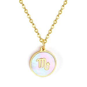 Golden Scorpio zodiac necklace with iridescent mother of pearl pendant on white background