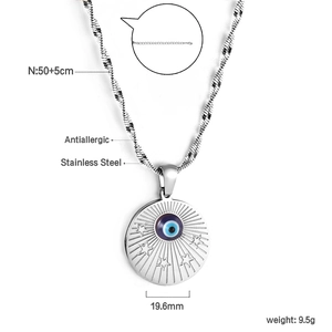 Vue détaillée du pendentif œil en acier inoxydable avec spécifications techniques de taille