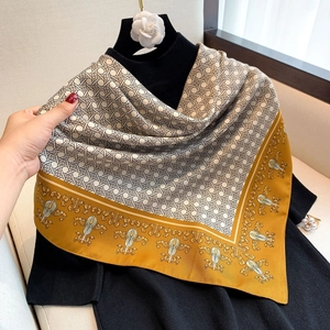 Vintage twill silk scarf with brown grid pattern and yellow ornate borders