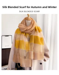 Detail of silk blended scarf featuring yellow and champagne stripes and fine texture