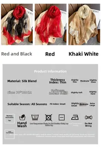 Detailed chart showing 70x180cm silk blend scarf dimensions and care instructions