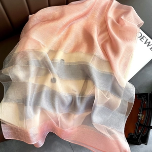 Detail showing the thin striped silk blend fabric texture with subtle metallic thread