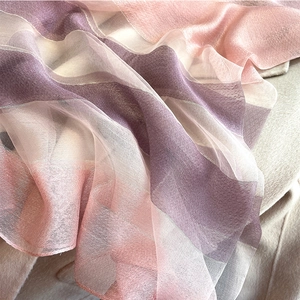Detailed texture of semi-transparent gradient silk shawl with subtle metallic shimmer
