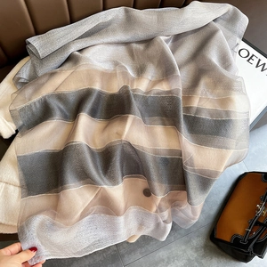 Detailed view of color-block silk blend scarf with striped patterns and fine stitching