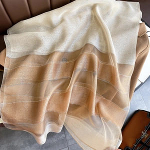 Detail of gradient silk-blend shawl with metallic sheen on wool coat background