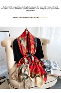 Détail du foulard en soie synthétique rouge 90x180cm avec motifs floraux style peinture