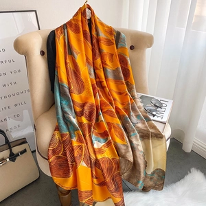 Écharpe longue en imitation soie style peinture à l'huile avec motifs de feuilles orange