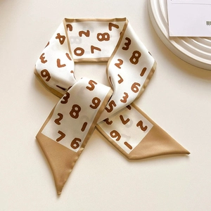 Narrow floral twilly scarf with numerical print and beige trim for hair or neck decor