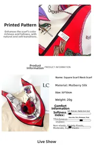 Detail of 100% mulberry silk square scarf with vintage carriage print and red border