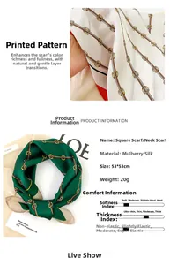 Detail of 53x53cm green silk square scarf with golden chain and horsebit patterns