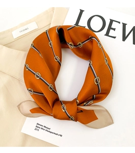 Detail shot of orange silk scarf with chain pattern on a beige shirt and magazine
