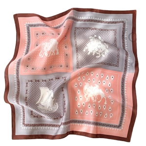 Silk square scarf with retro paisley and animal prints on pink and grey satin