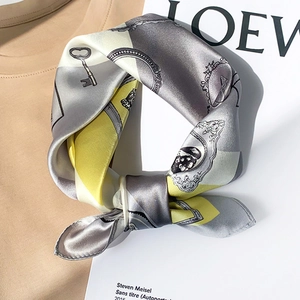 European vintage silk square scarf featuring elegant key and portrait patterns in grey and yellow