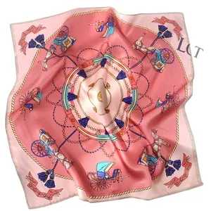 Pink silk scarf with vintage carriage horse patterns and classic equestrian circle motifs