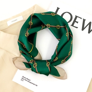 Elegant dark green silk square scarf with vintage equestrian horsebit chain pattern
