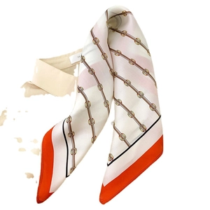 Luxurious silk square scarf with golden chain pattern and orange contrast borders