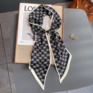 Foulard Étroit en Satin Vintage pour Femmes Imprimé Monogramme Géométrique Bandeau Cheveux Twilly Poignée de Sac