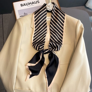 Elegant French style striped silk scarf for women in black and beige neckerchief design