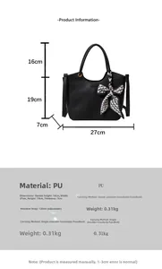Detailed size chart for black PU leather bucket bag with dimensions and strap info