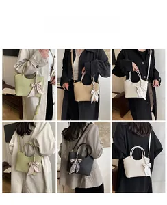 Collage of leather bucket bags in green, beige, and black with silk scarf details