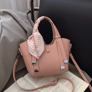 Women Litchi Pattern PU Leather Bucket Bag Elegant Satin Scarf Decor Large Capacity Shoulder Crossbody Bag Casual Daily Purse