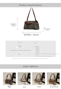 Infographic met afmetingen, details en vier kleuropties voor vintage PU-leren schoudertassen