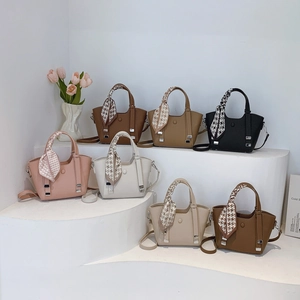Large capacity lychee grain bucket bag with silk scarf handle in seven colors