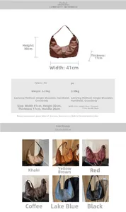 Detailed size specifications and color options for the large crescent rivet hobo bag