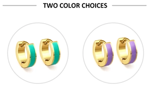 Detail view of gold hoop earrings with mint green and purple enamel color options