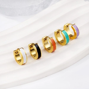 Five pairs of colorful enamel hoop earrings with polished gold-plated metal finish