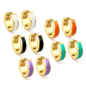 Colorful enamel hoop earrings set in stainless steel featuring five vibrant trendy colors