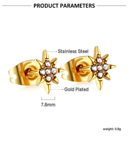 Detailed product parameters of star-shaped gold-plated stainless steel earrings with zircons