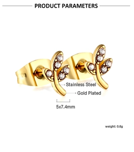 Detailed view of gold plated leaf earrings with dimensions 5x7.4mm and weight 0.6g