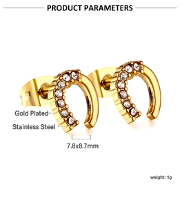 Detailed view of gold plated stainless steel horseshoe earrings with round zircon stones