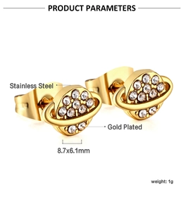 Detailed view of gold-plated stainless steel Saturn stud earrings with crystals
