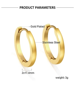 Detailed specs of 17.4mm gold-plated stainless steel hoop earrings with 3g weight