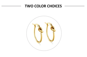 Close-up of gold minimalist hoop earrings with unique metallic knot detail and polished finish