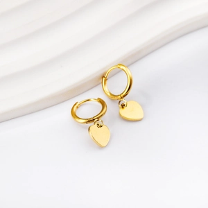 Elegant gold heart pendant hoop earrings made of polished stainless steel for women