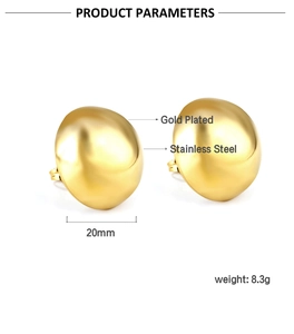 Detail view of 20mm gold plated stainless steel dome earrings with product dimensions