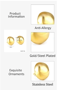 Detail view of 20mm polished gold semi-round stud earrings made of hypoallergenic steel